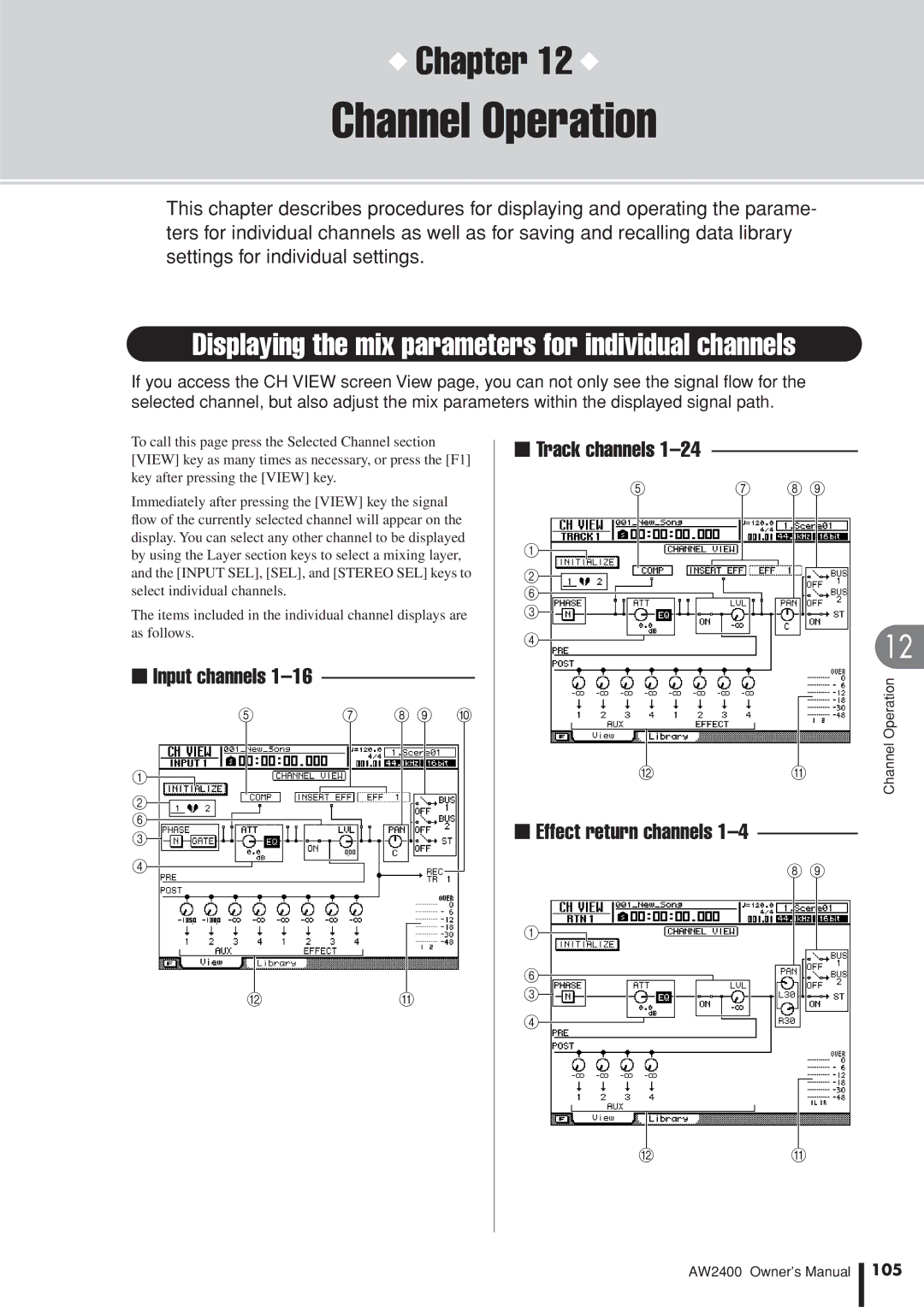 Yamaha AW2400 owner manual Channel Operation, Input channels, Track channels Effect return channels, 105 