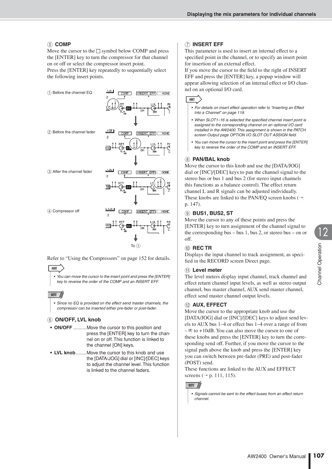 Yamaha AW2400 owner manual Comp, Insert EFF, BUS1, BUS2, ST, Rec Tr, AUX, Effect 