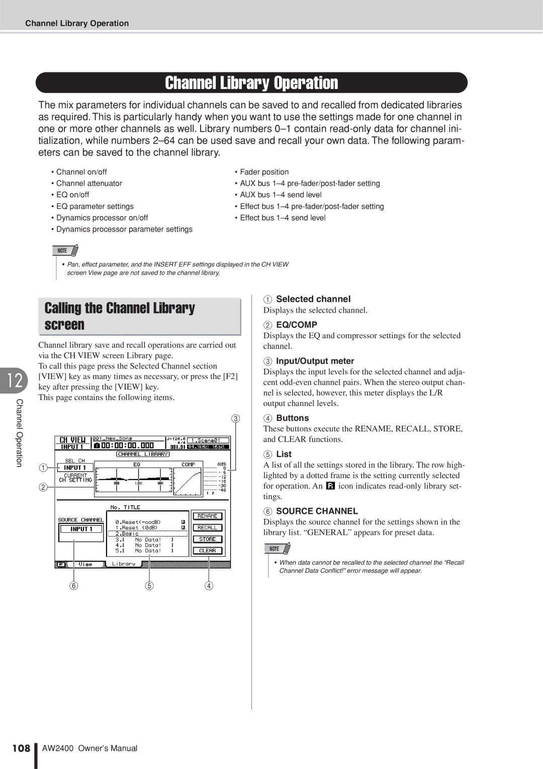 Yamaha AW2400 owner manual Channel Library Operation, Calling the Channel Library screen, Eq/Comp, Source Channel, 108 