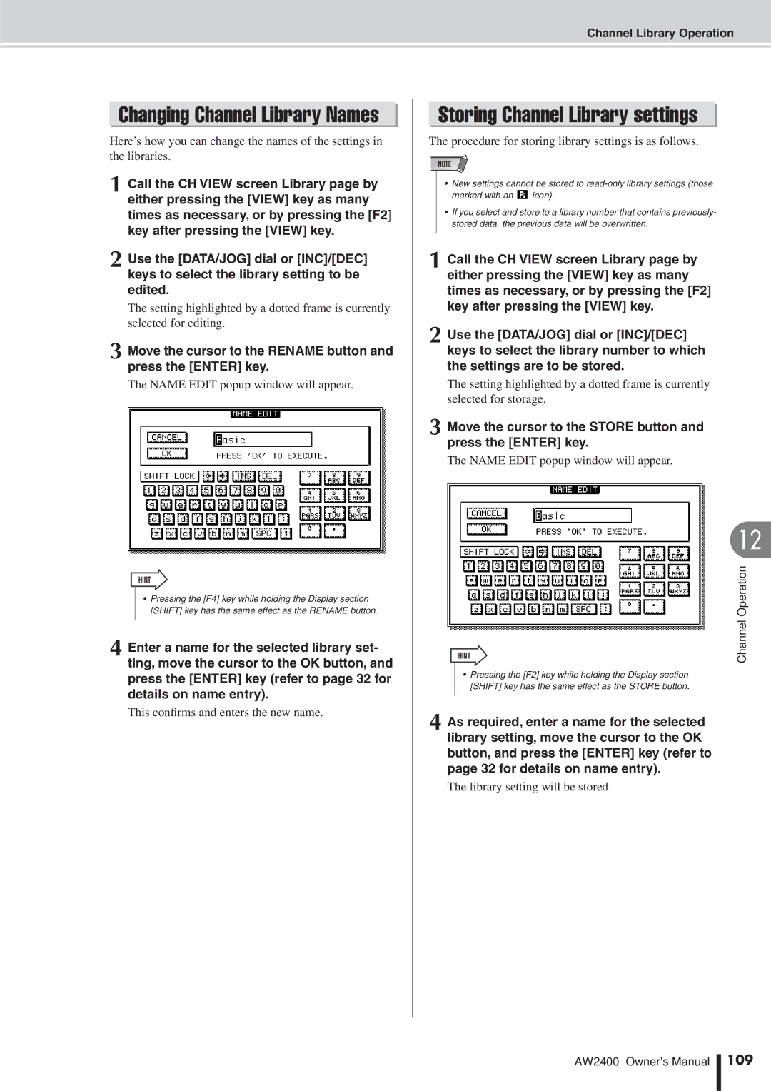 Yamaha AW2400 Storing Channel Library settings, Move the cursor to the Store button and press the Enter key, 109 