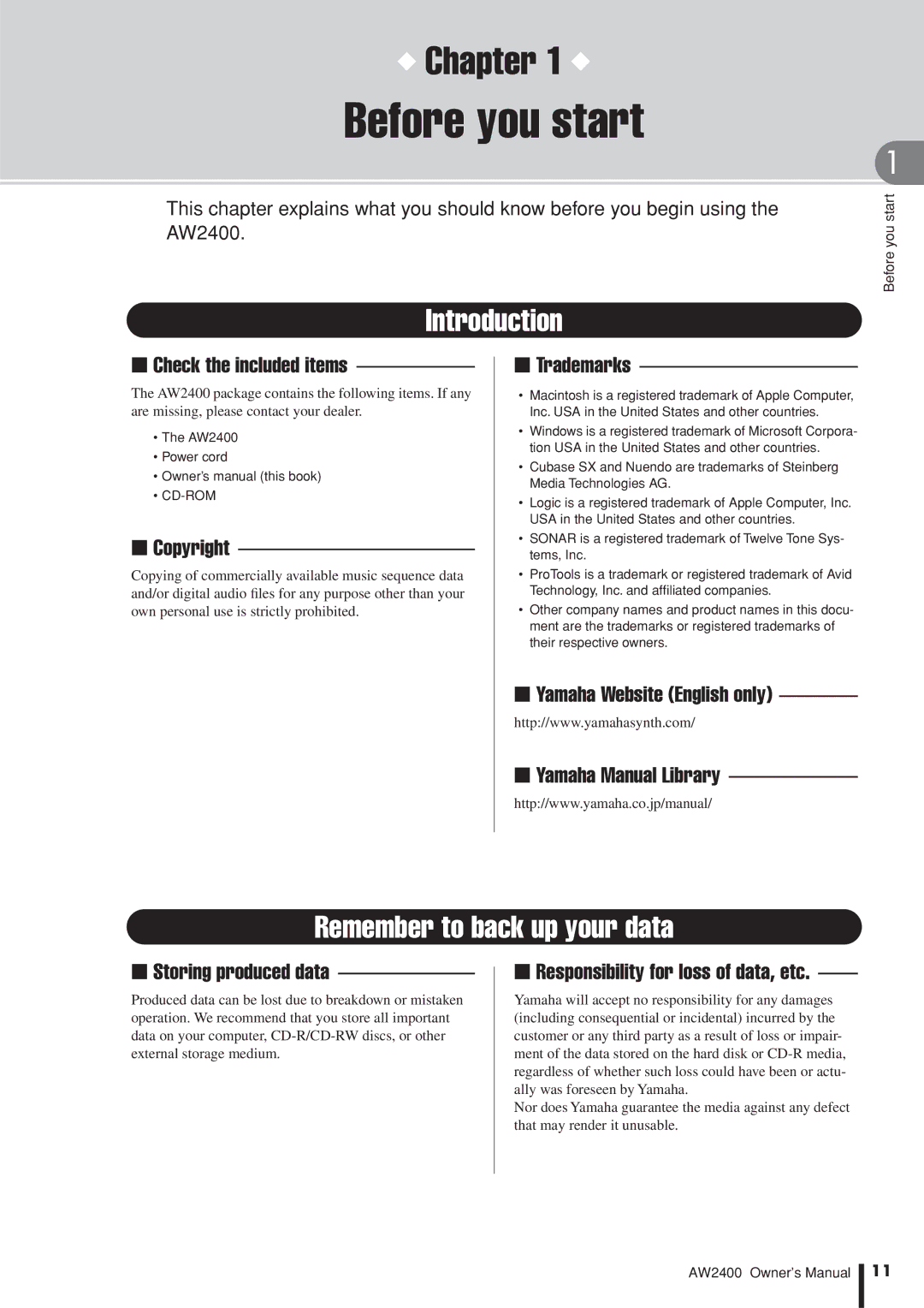 Yamaha AW2400 owner manual Before you start, Introduction, Remember to back up your data 