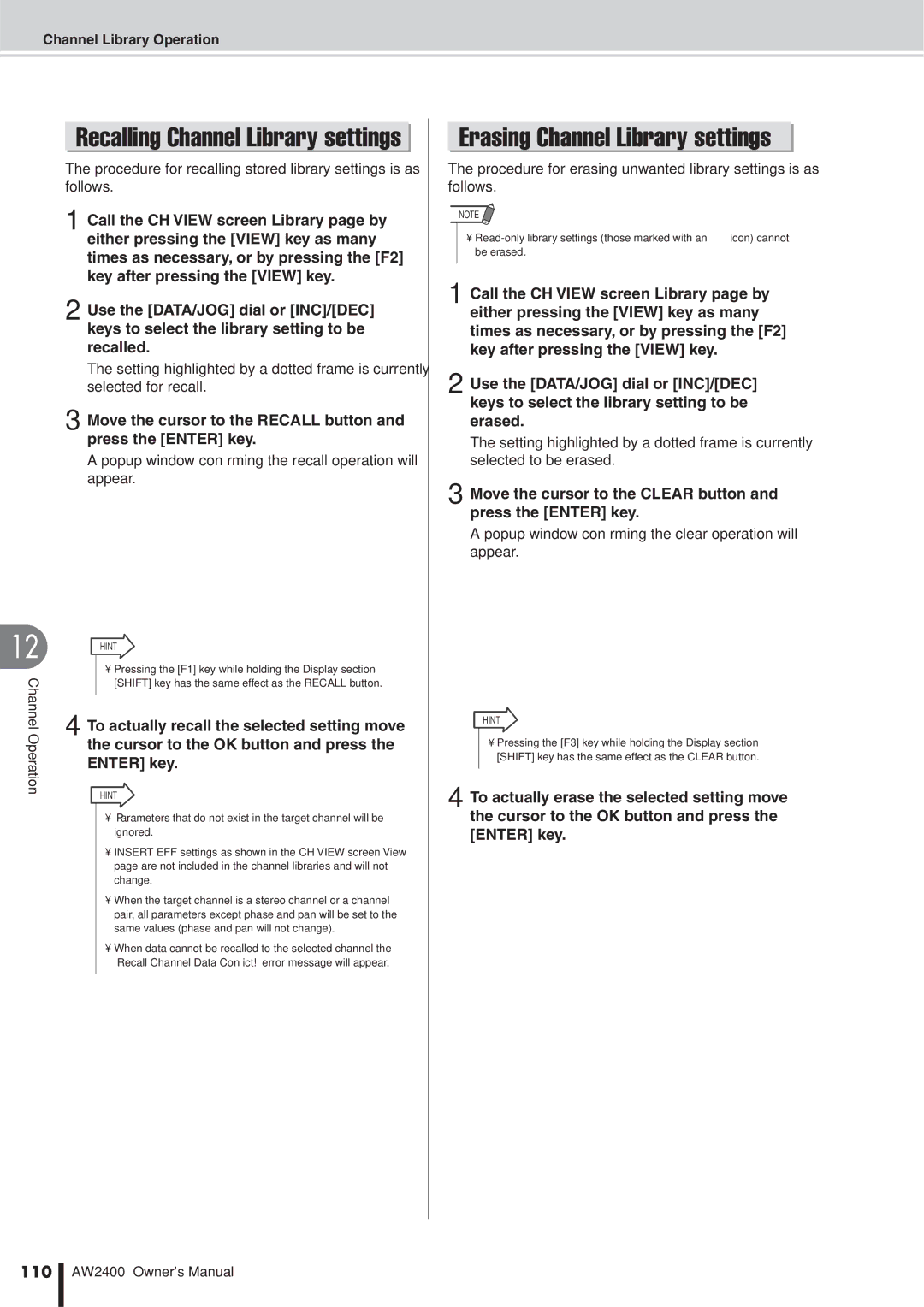 Yamaha AW2400 owner manual Erasing Channel Library settings, Move the cursor to the Clear button and press the Enter key 