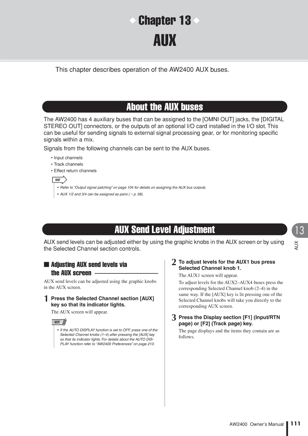 Yamaha AW2400 owner manual About the AUX buses, AUX Send Level Adjustment, Adjusting AUX send levels via AUX screen, 111 