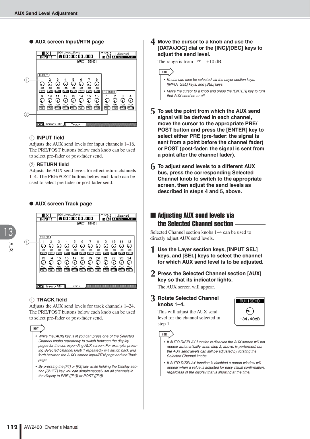 Yamaha AW2400 owner manual Adjusting AUX send levels via Selected Channel section, 112 