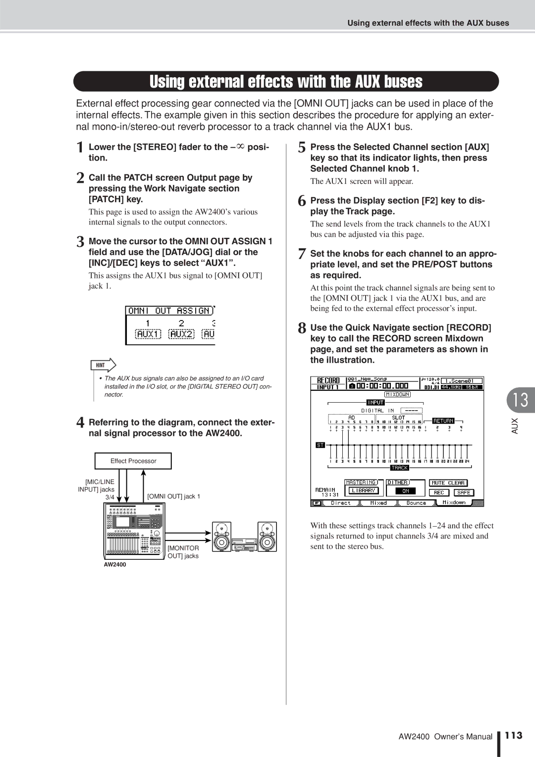 Yamaha AW2400 Using external effects with the AUX buses, This assigns the AUX1 bus signal to Omni OUT jack, 113 