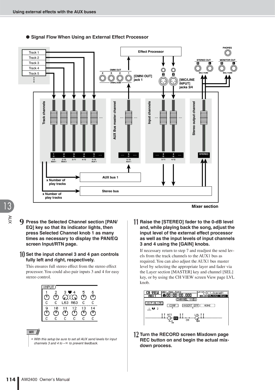 Yamaha AW2400 owner manual Signal Flow When Using an External Effect Processor, Press the Selected Channel section PAN 