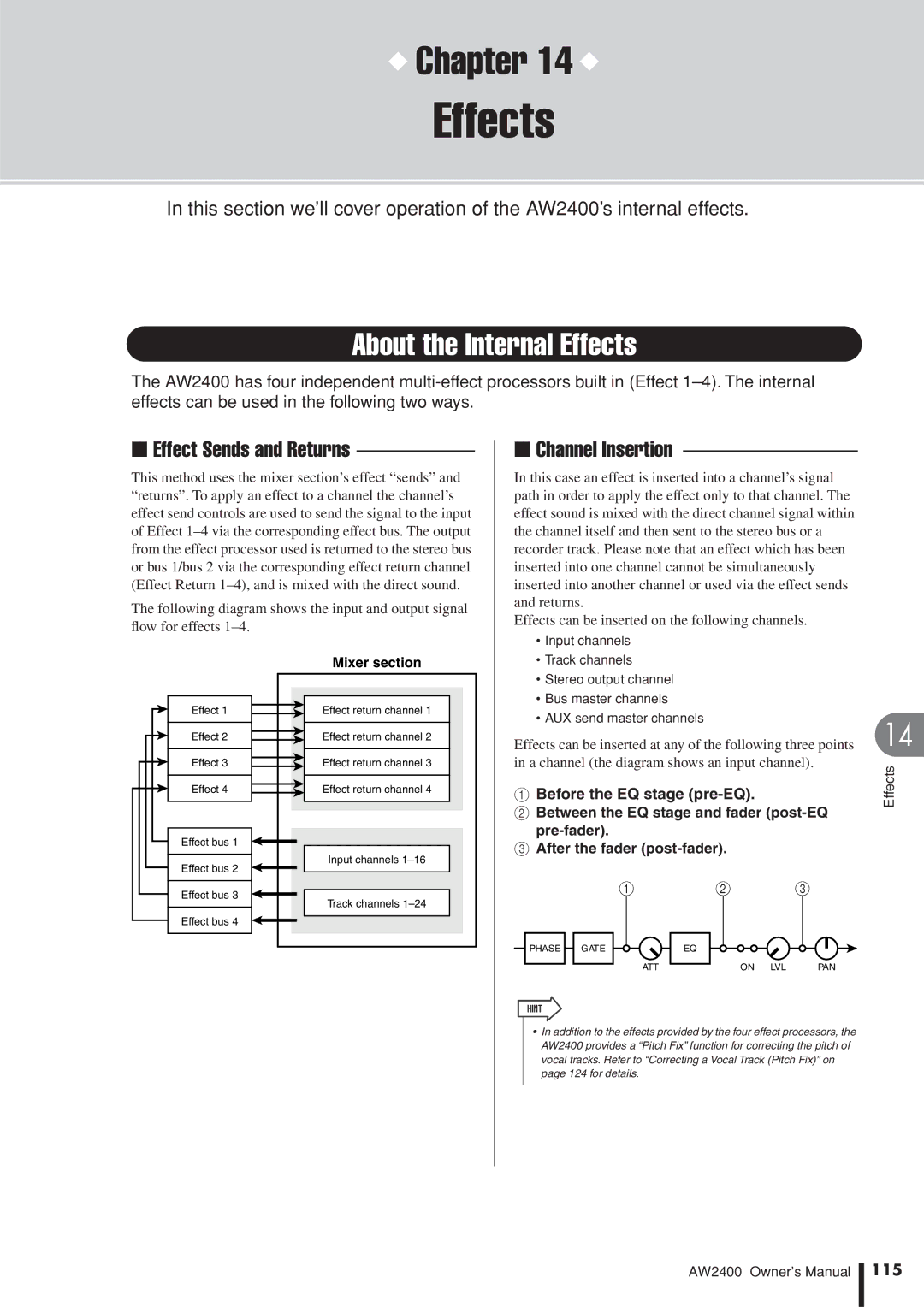 Yamaha AW2400 owner manual About the Internal Effects, Effect Sends and Returns, Channel Insertion, 115 