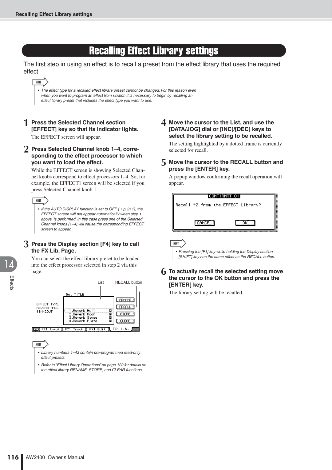 Yamaha AW2400 Recalling Effect Library settings, Effect screen will appear, Library setting will be recalled, 116 