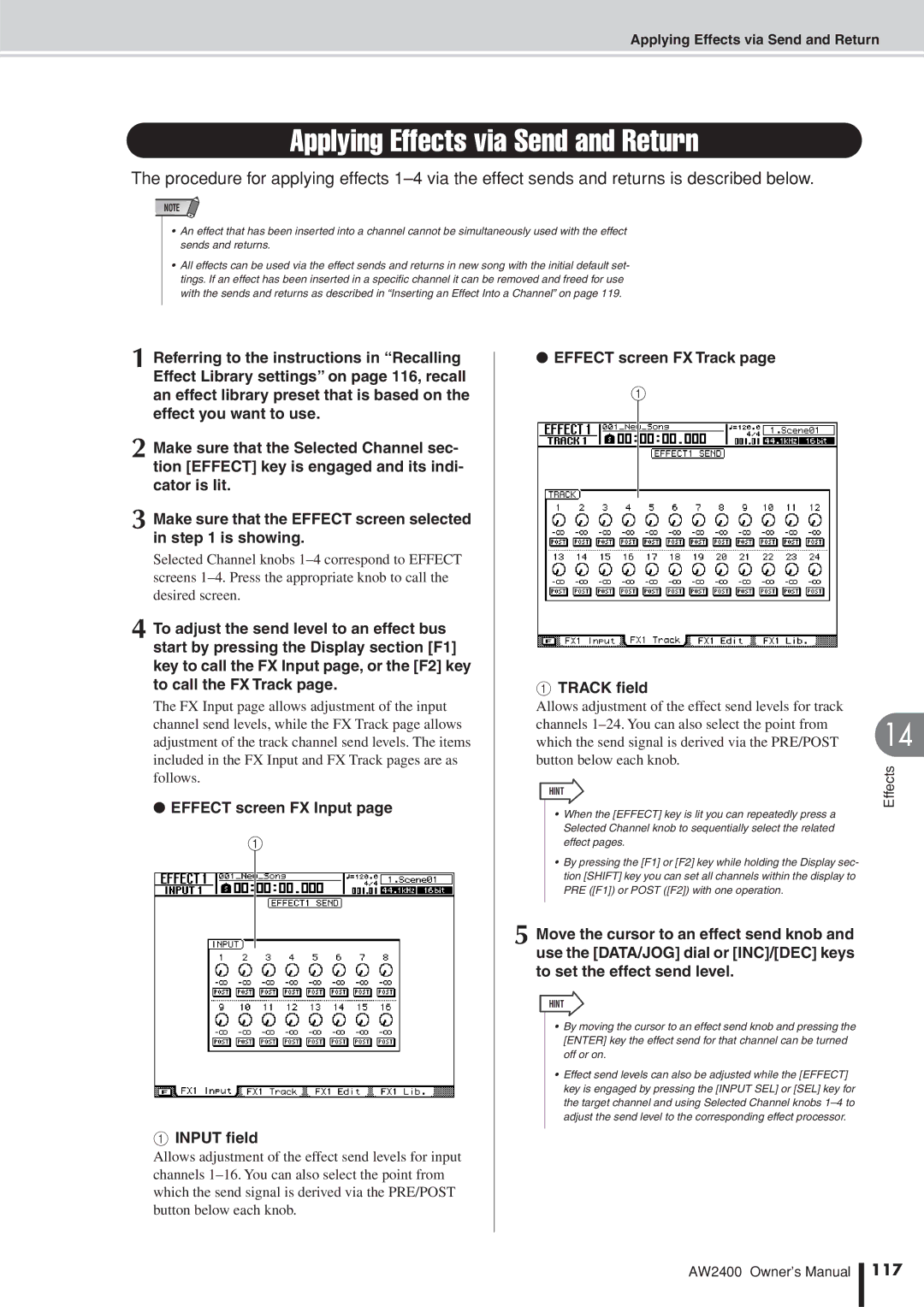 Yamaha AW2400 Applying Effects via Send and Return, Effect screen FX Input Input ﬁeld, Effect screen FX Track Track ﬁeld 