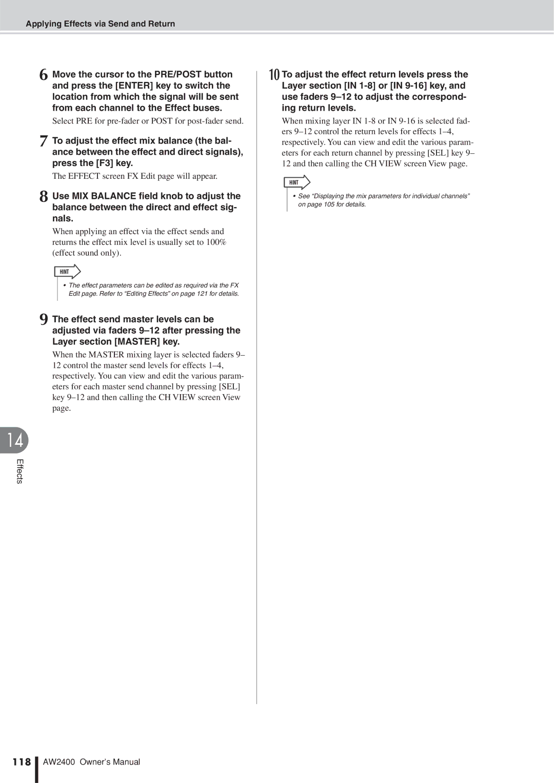 Yamaha AW2400 Select PRE for pre-fader or Post for post-fader send, Effect screen FX Edit page will appear, 118 