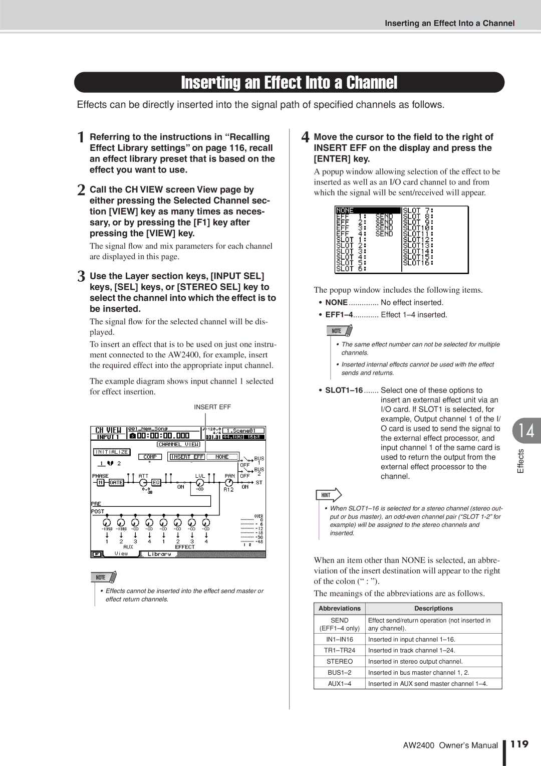 Yamaha AW2400 owner manual Inserting an Effect Into a Channel, Signal ﬂow for the selected channel will be dis- played, 119 