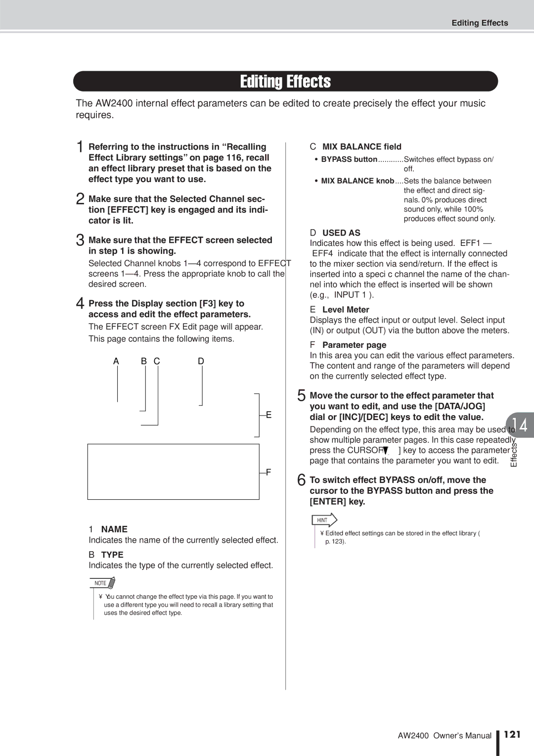 Yamaha AW2400 owner manual Editing Effects, Name, Type, Used AS, 121 