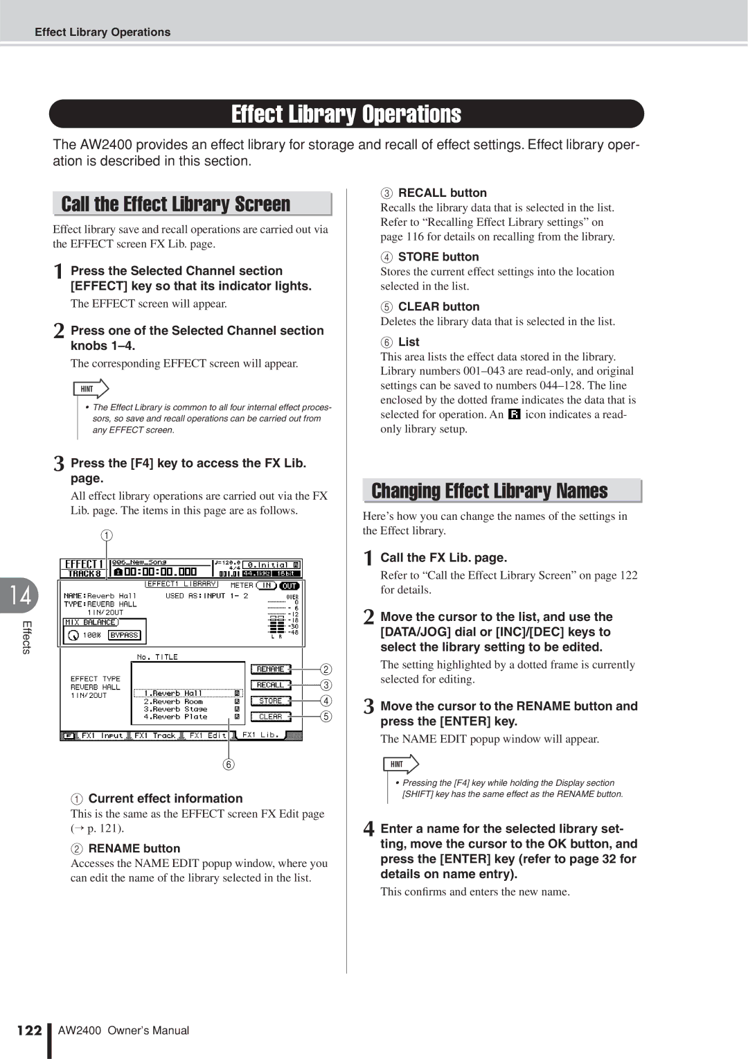 Yamaha AW2400 owner manual Effect Library Operations, Call the Effect Library Screen, Changing Effect Library Names, 122 