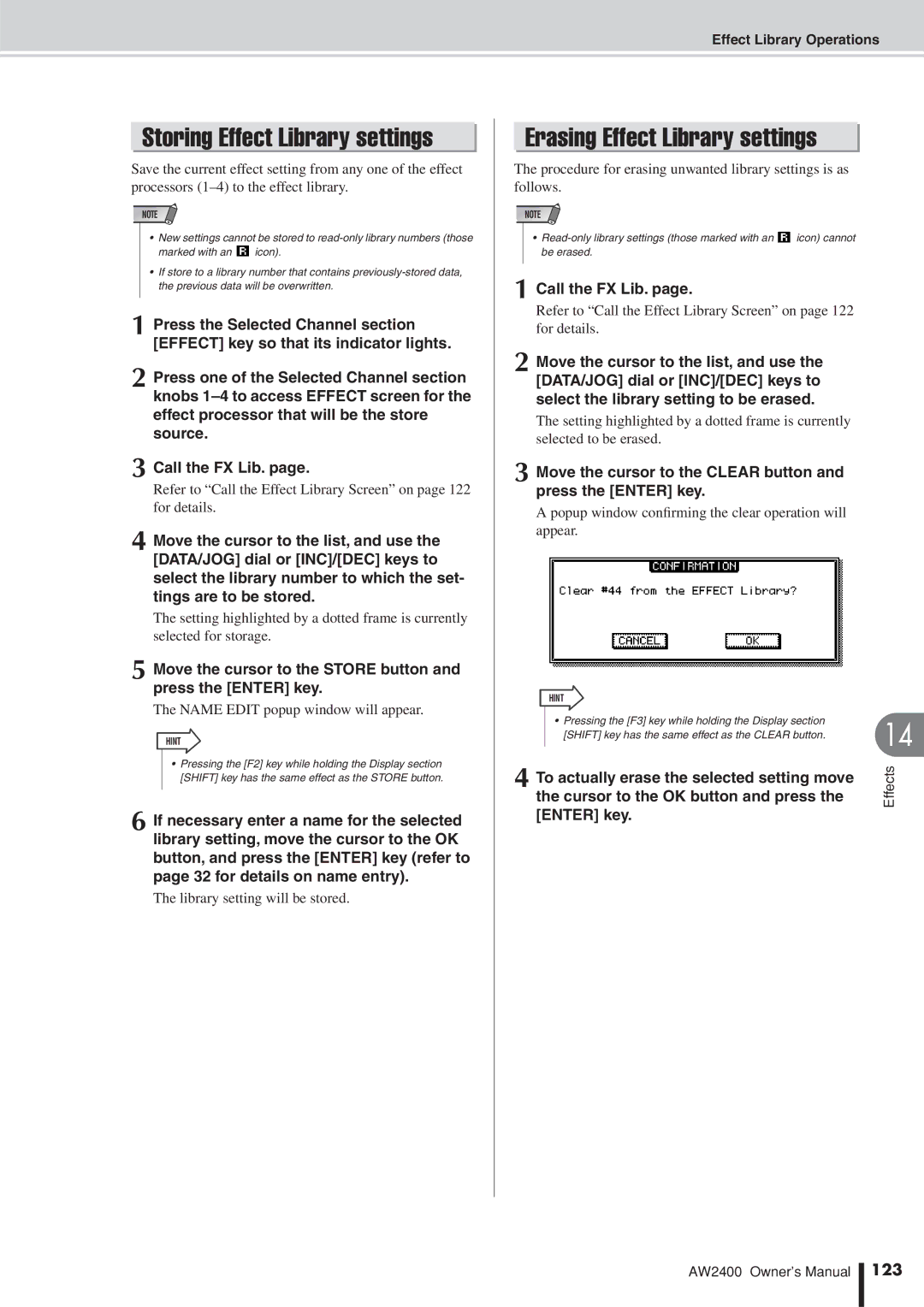 Yamaha AW2400 owner manual Storing Effect Library settings, Erasing Effect Library settings, Effects 