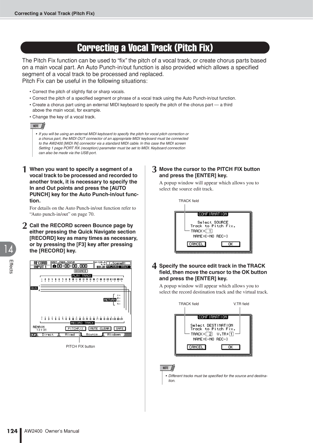 Yamaha AW2400 owner manual Correcting a Vocal Track Pitch Fix, 124 