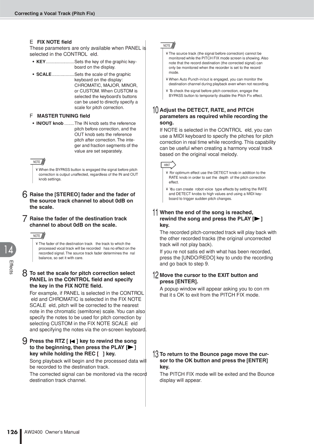 Yamaha AW2400 owner manual FIX Note ﬁeld, Master Tuning ﬁeld, Move the cursor to the Exit button and press Enter, 126 