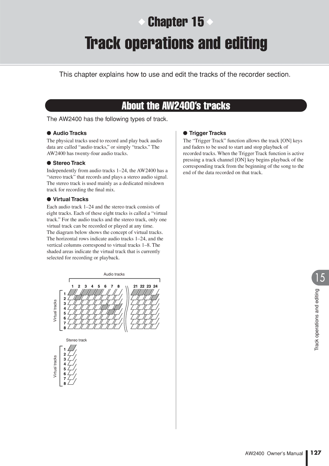 Yamaha owner manual Track operations and editing, About the AW2400’s tracks, 127 