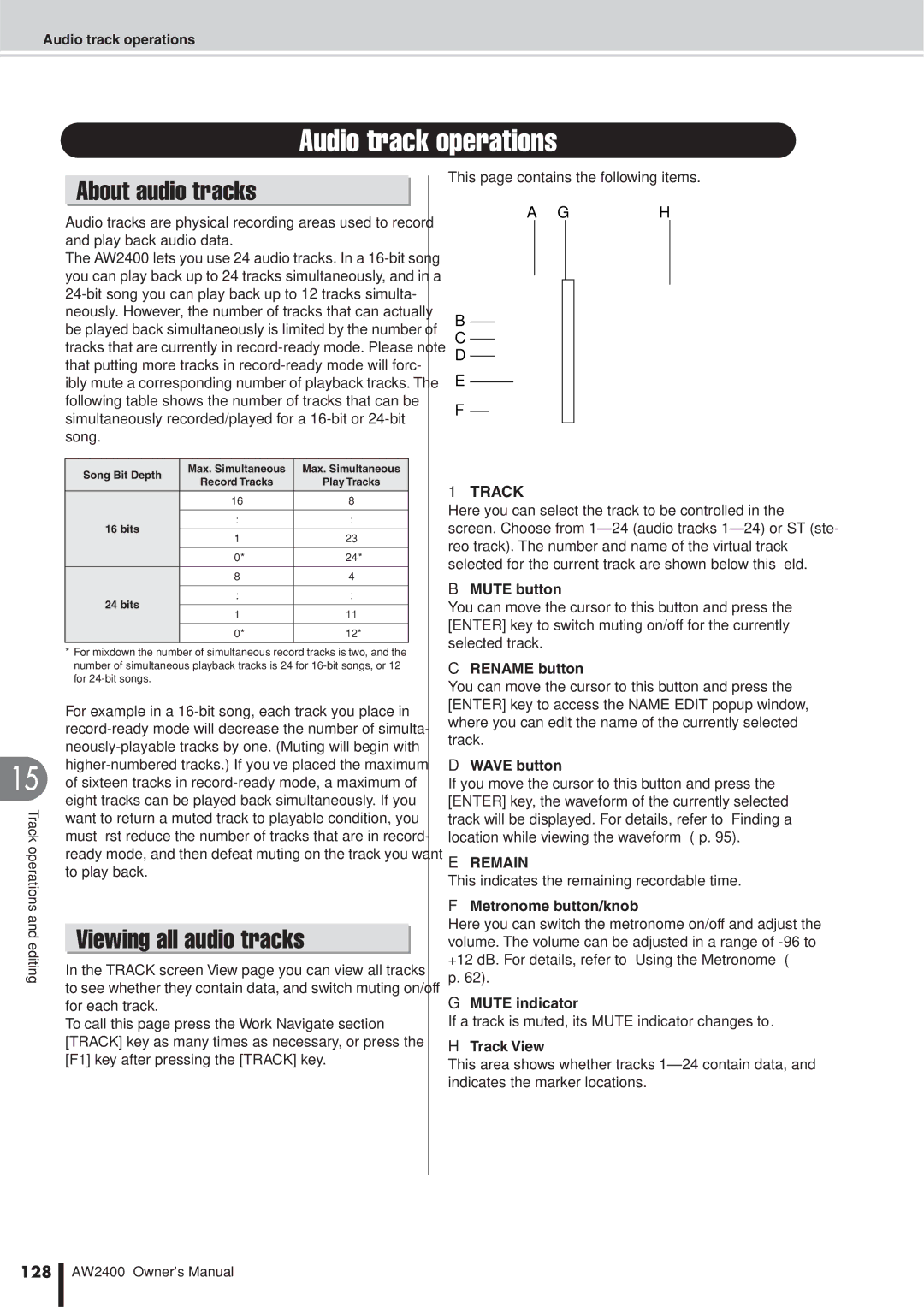 Yamaha AW2400 owner manual Audio track operations, About audio tracks, Viewing all audio tracks 