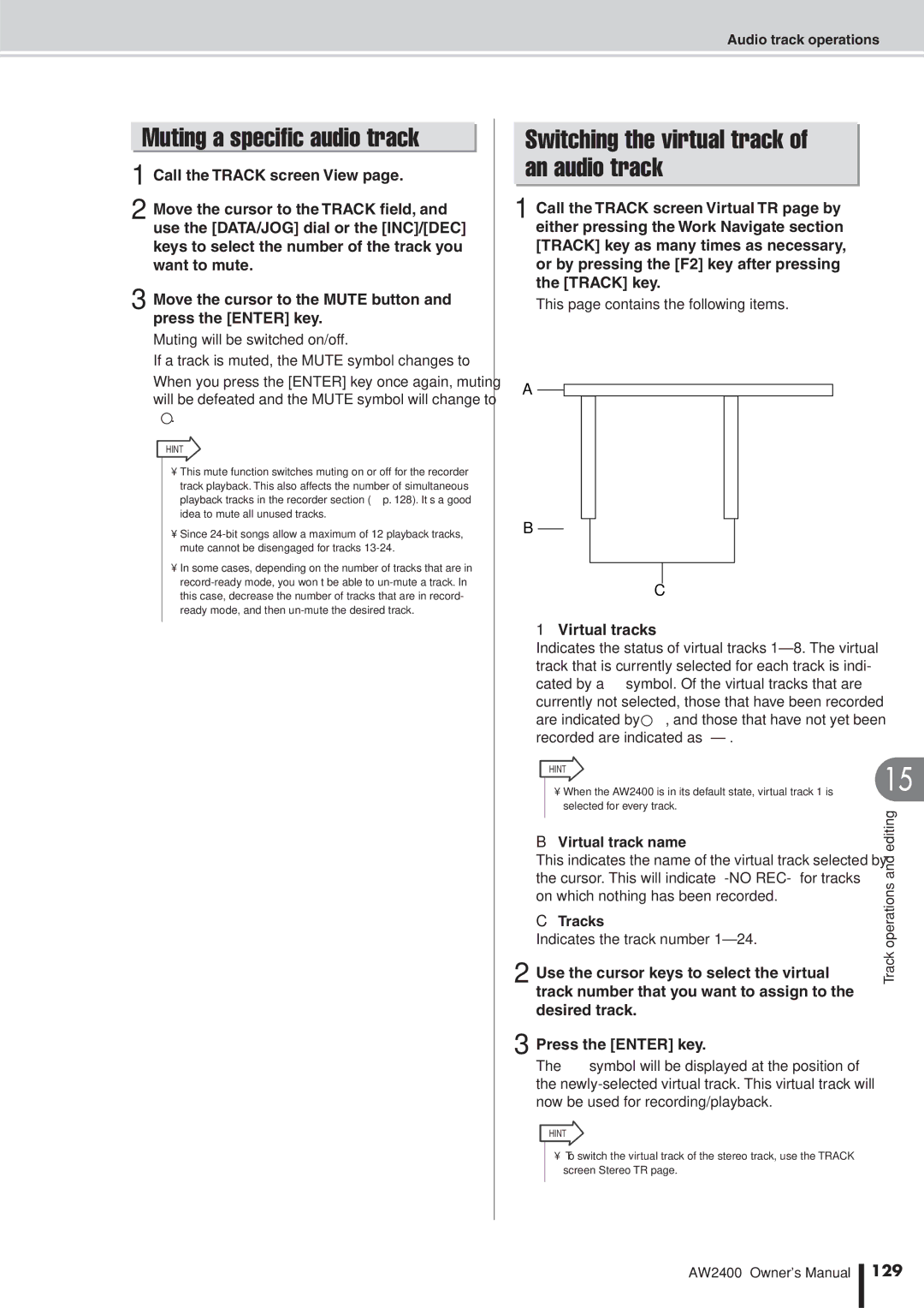 Yamaha AW2400 Muting a speciﬁc audio track, Switching the virtual track of an audio track, Virtual track name, 129 