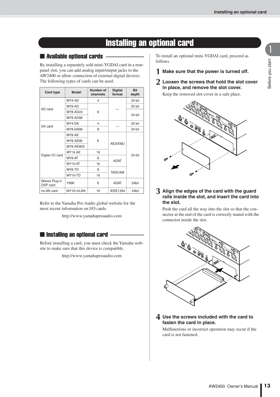 Yamaha AW2400 Installing an optional card, Available optional cards, Keep the removed slot cover in a safe place 