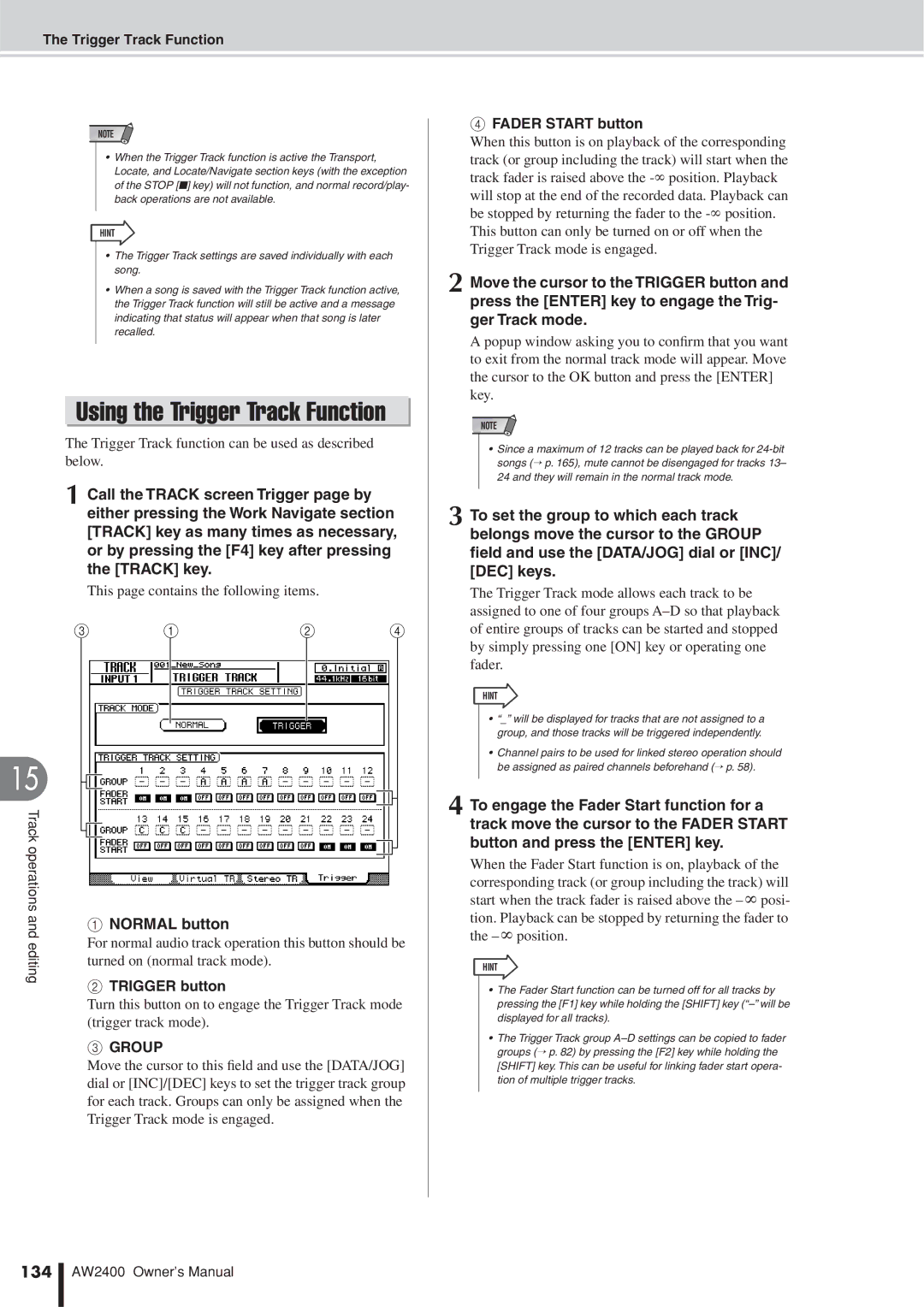 Yamaha AW2400 owner manual Normal button, Trigger button, Group, Fader Start button, 134 