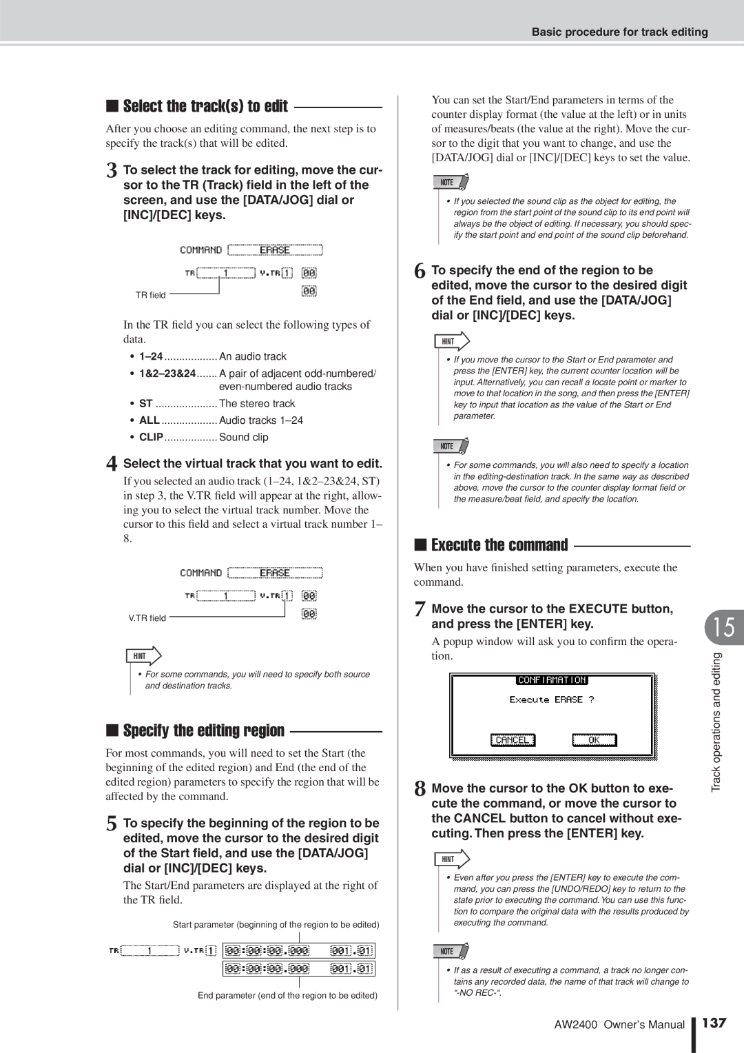 Yamaha AW2400 owner manual Select the tracks to edit, Specify the editing region, Execute the command, 137 