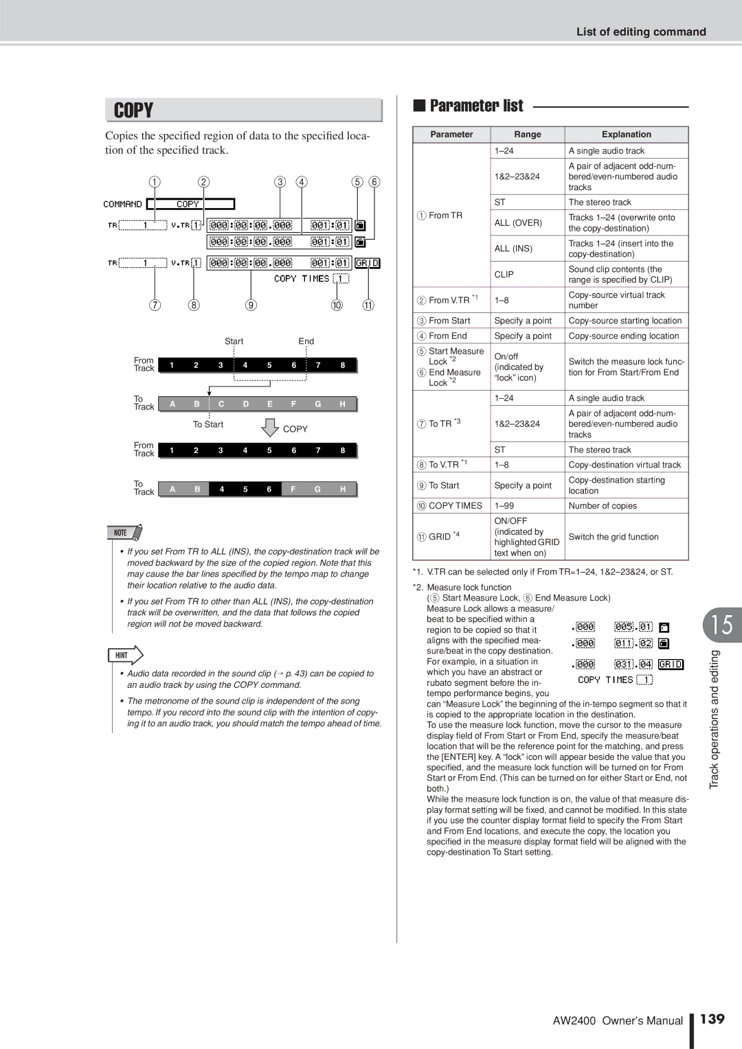 Yamaha AW2400 owner manual 139, Start End From Track To Start 