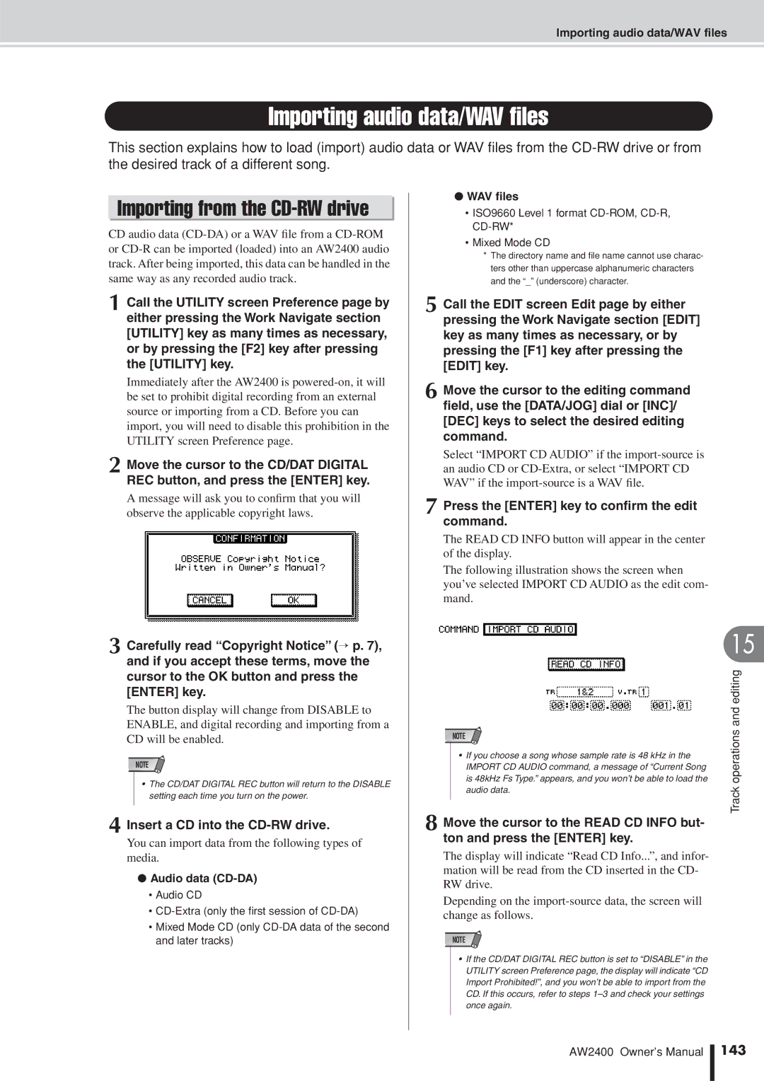 Yamaha AW2400 owner manual Importing audio data/WAV ﬁles, Insert a CD into the CD-RW drive, 143 