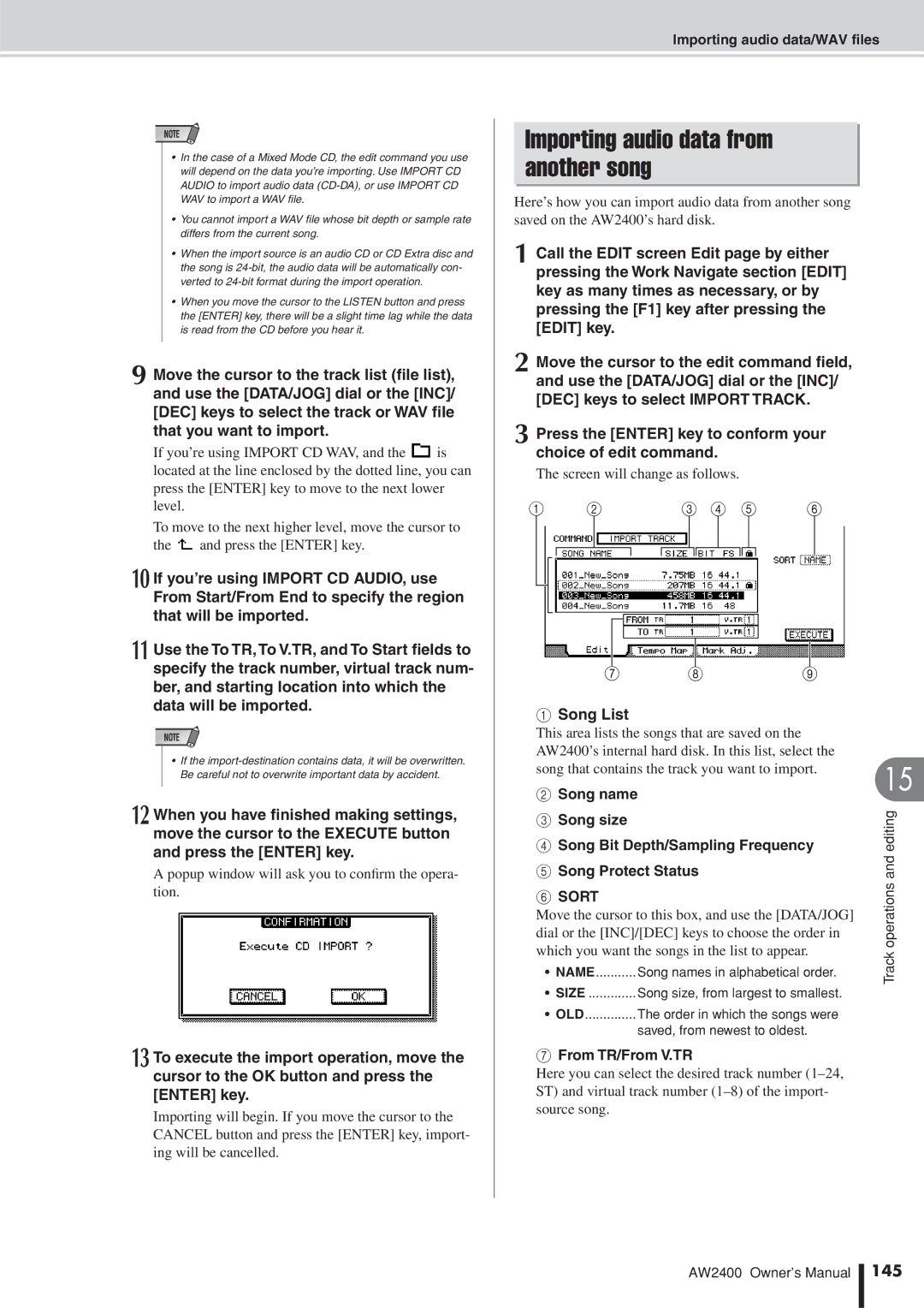 Yamaha AW2400 owner manual Importing audio data from another song, Sort, 145 