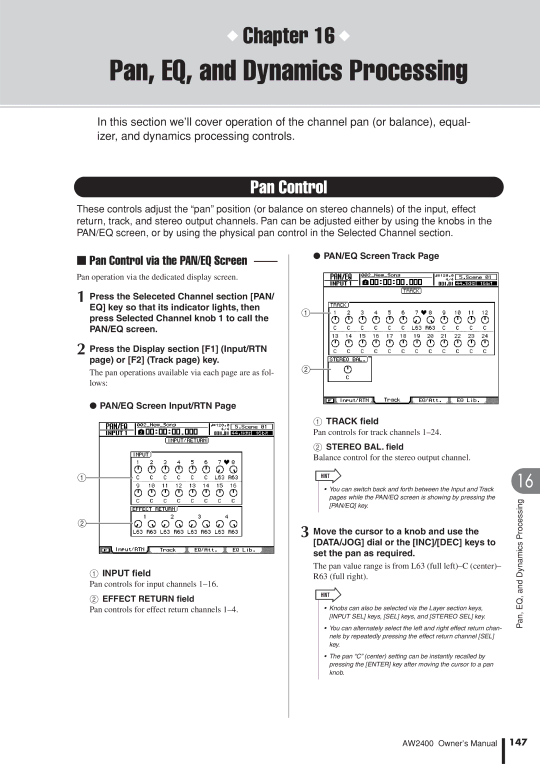 Yamaha AW2400 owner manual Pan Control via the PAN/EQ Screen, 147 