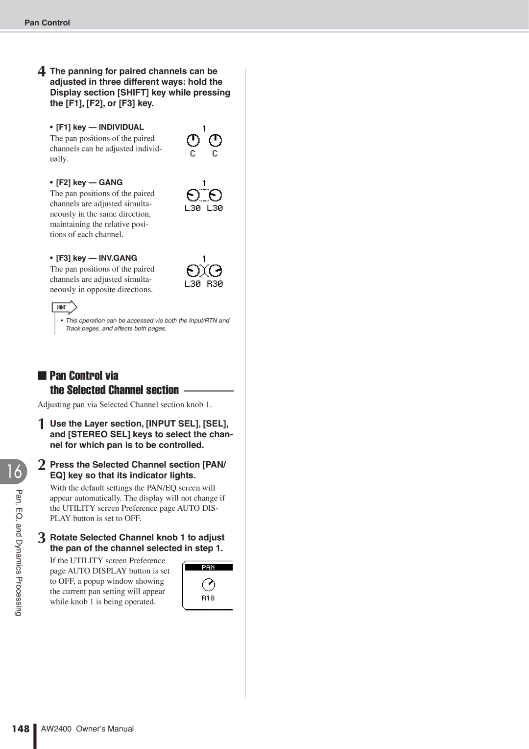 Yamaha AW2400 owner manual Pan Control via Selected Channel section, Adjusting pan via Selected Channel section knob, 148 