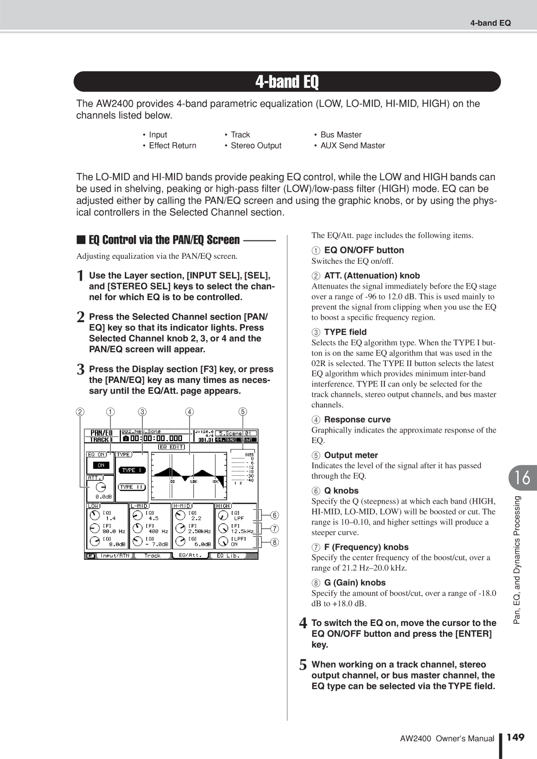 Yamaha AW2400 owner manual Band EQ, EQ Control via the PAN/EQ Screen, 149 