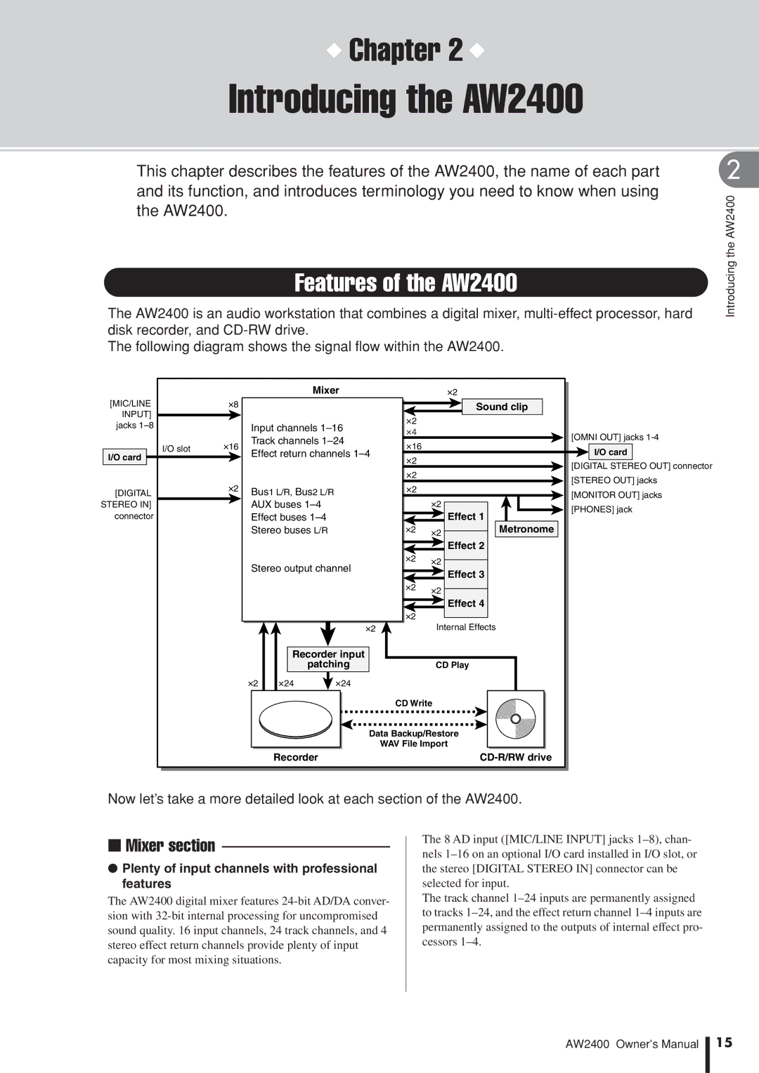 Yamaha owner manual Introducing the AW2400, Features of the AW2400, Mixer section 