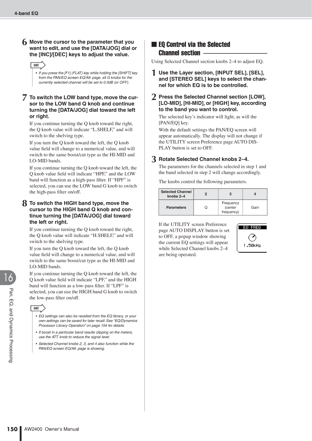 Yamaha AW2400 owner manual EQ Control via the Selected Channel section 