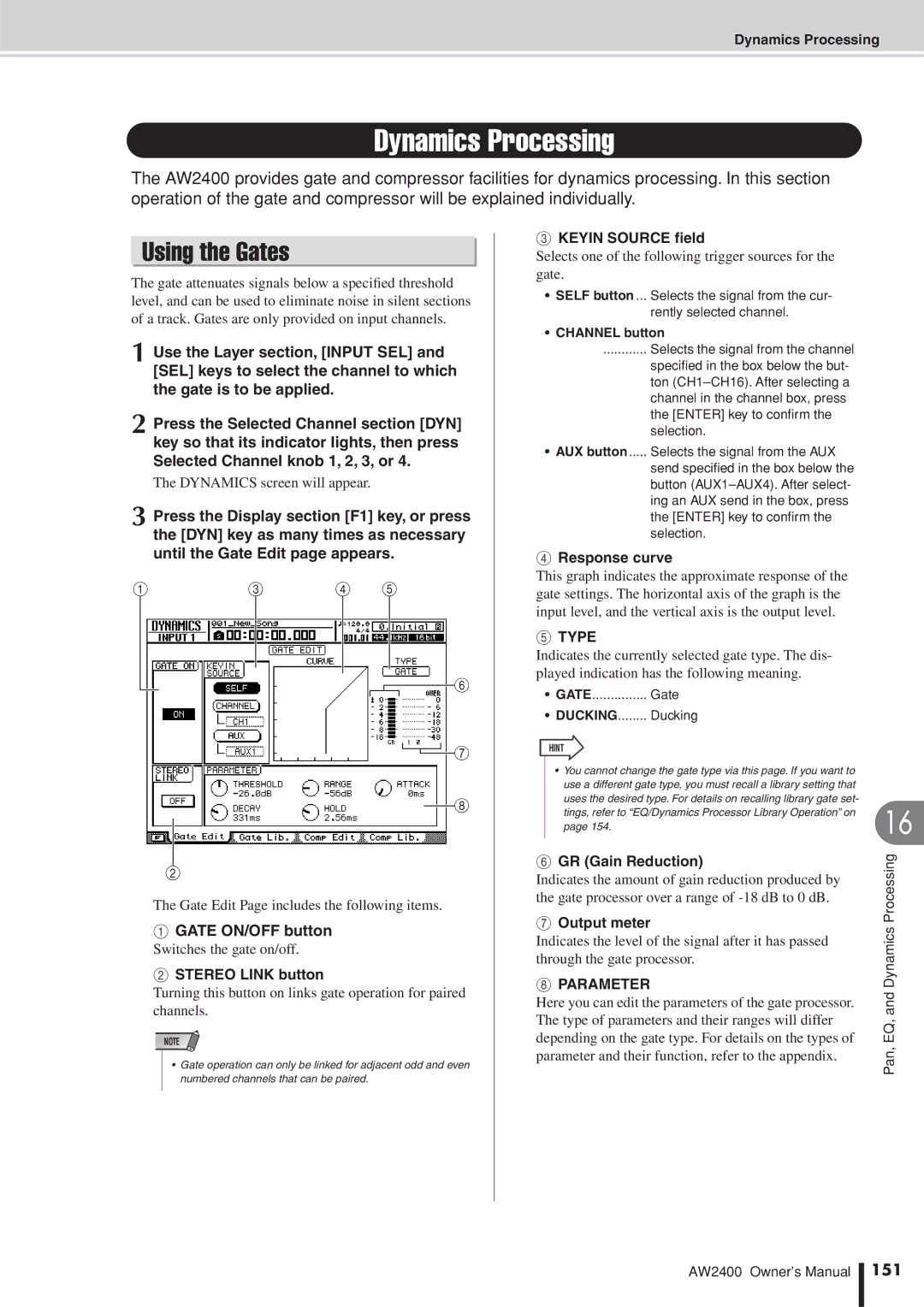 Yamaha AW2400 owner manual Dynamics Processing, Using the Gates, Parameter, 151 