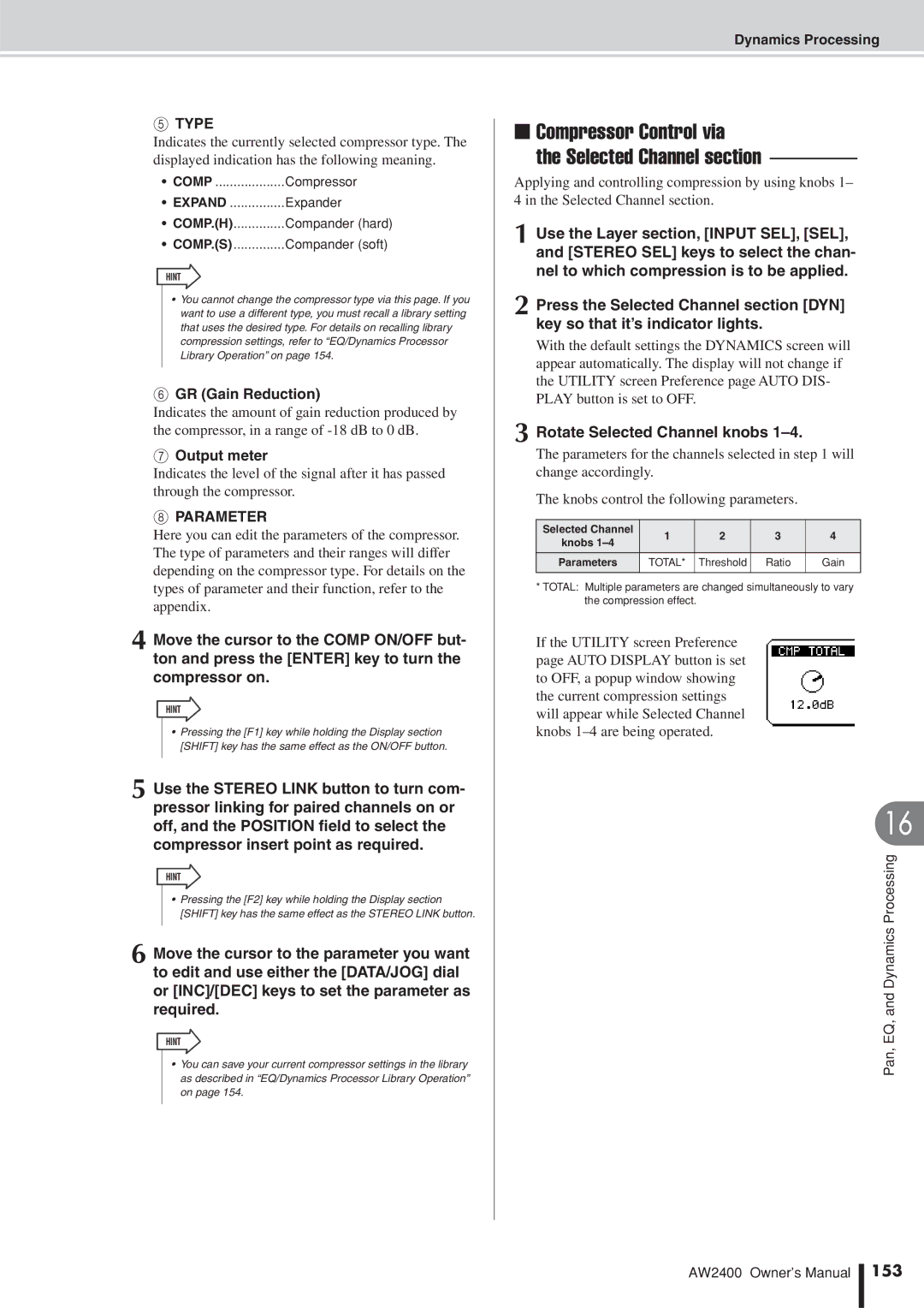 Yamaha AW2400 owner manual Compressor Control via Selected Channel section, 153, Selected Channel Knobs Parameters 