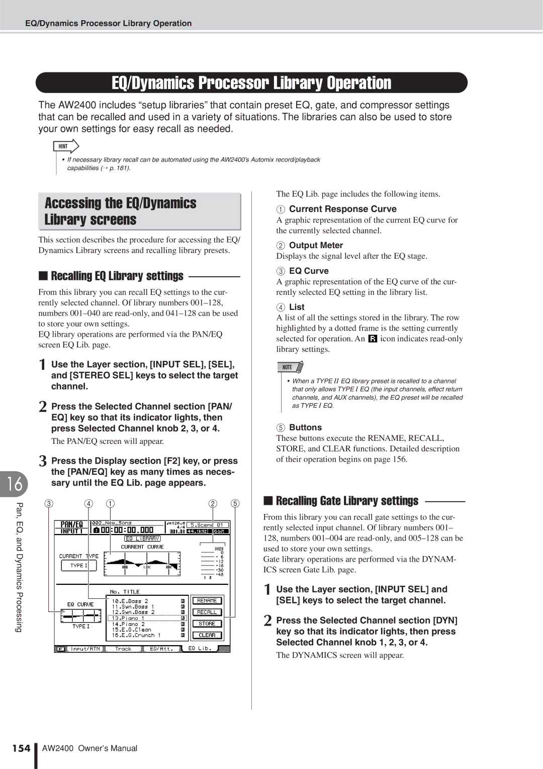 Yamaha AW2400 EQ/Dynamics Processor Library Operation, Recalling EQ Library settings, Recalling Gate Library settings, 154 