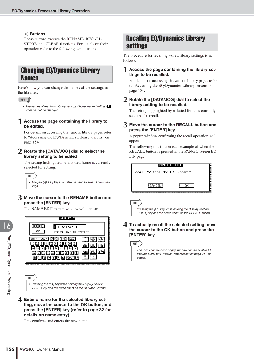 Yamaha AW2400 owner manual Changing EQ/Dynamics Library Names, Recalling EQ/Dynamics Library settings, 156 