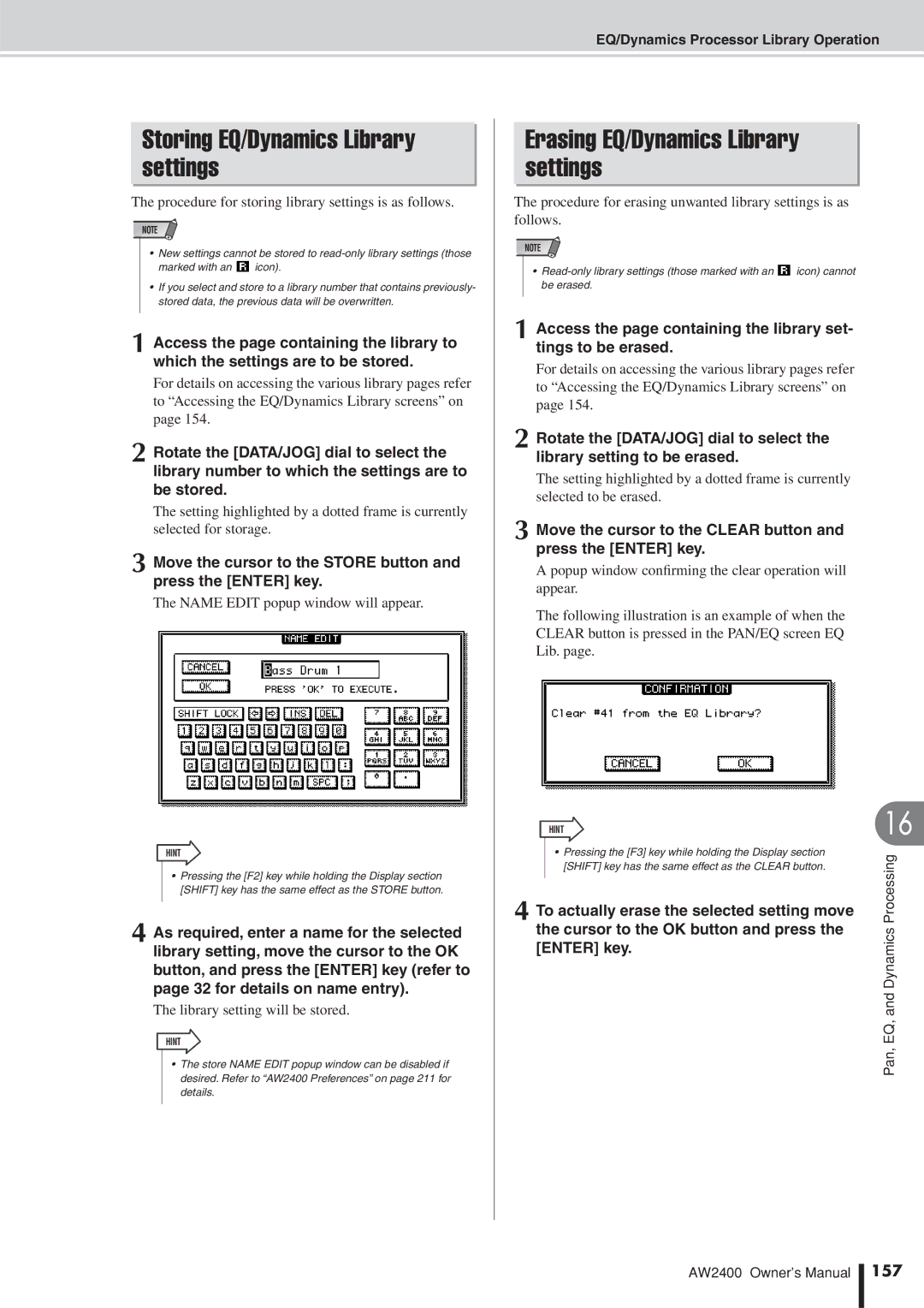 Yamaha AW2400 owner manual Storing EQ/Dynamics Library settings, Erasing EQ/Dynamics Library settings, 157 