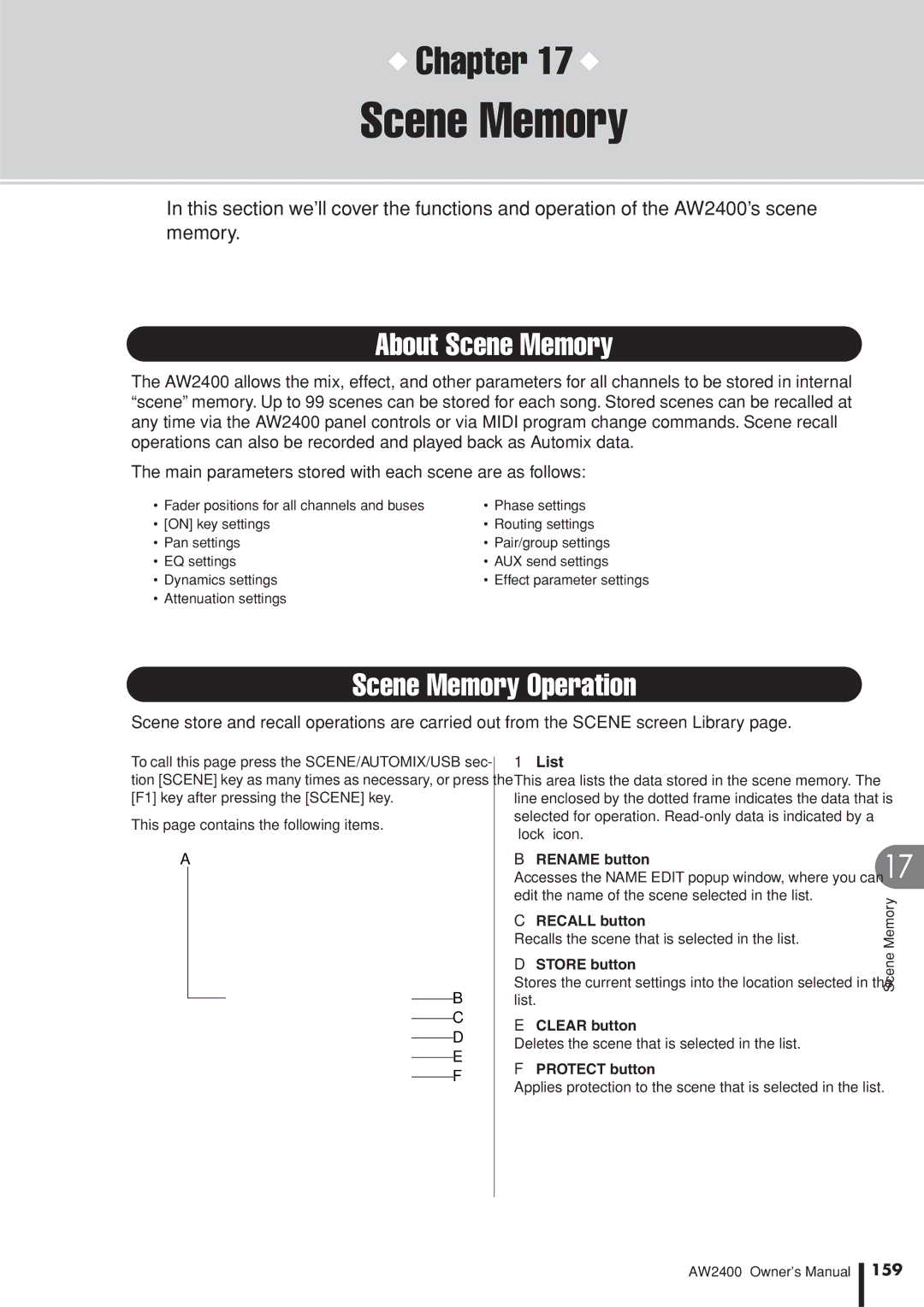 Yamaha AW2400 owner manual About Scene Memory, Scene Memory Operation, Protect button, 159 