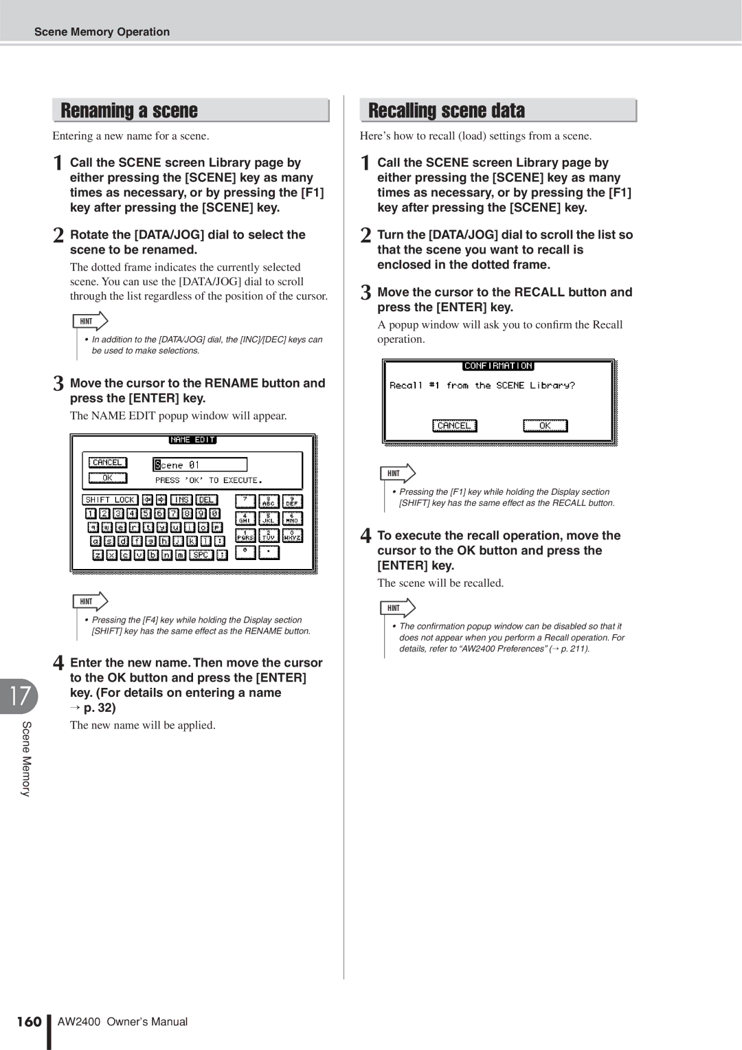 Yamaha AW2400 owner manual Renaming a scene, Recalling scene data, To the OK button and press the Enter, 160 