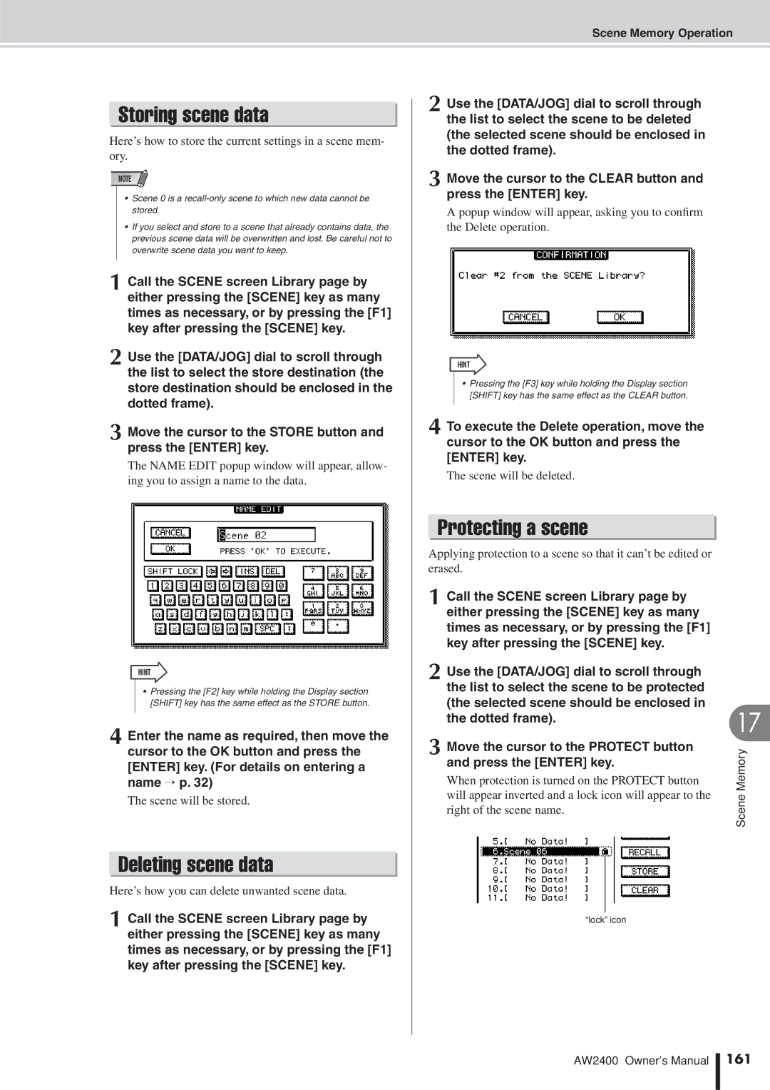 Yamaha AW2400 Storing scene data, Deleting scene data, Scene will be stored, Here’s how you can delete unwanted scene data 