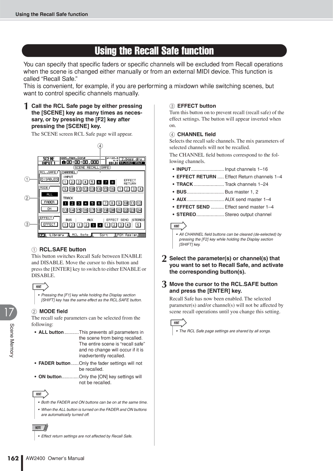 Yamaha AW2400 owner manual Using the Recall Safe function, 162 