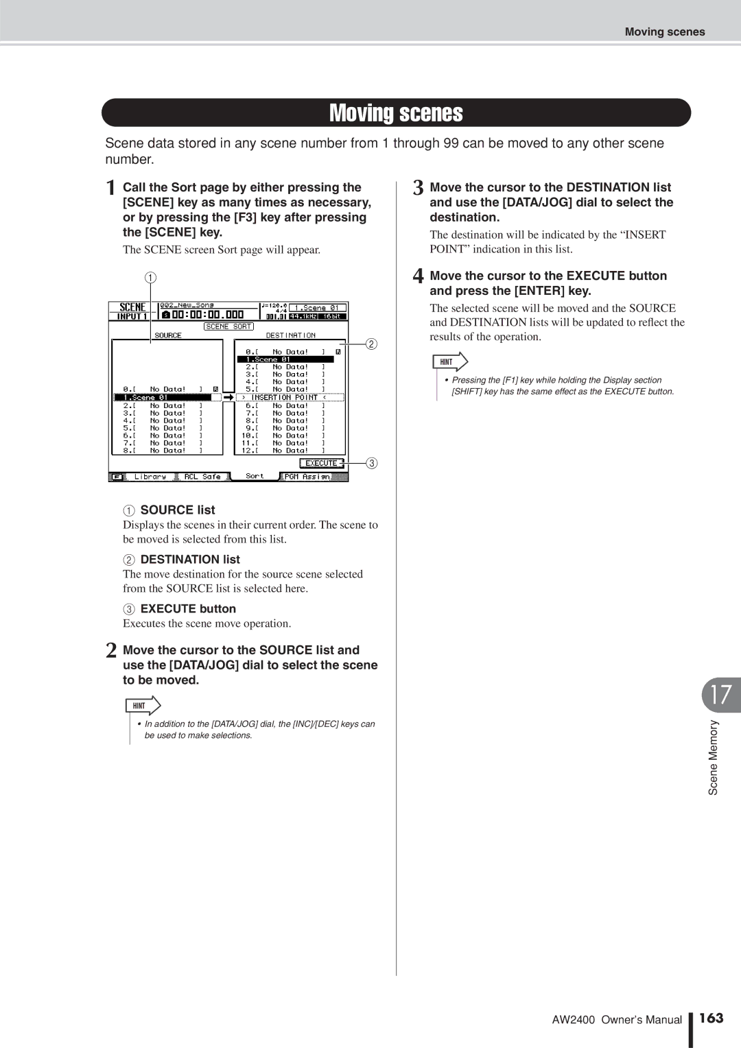 Yamaha AW2400 owner manual Moving scenes, Source list, Destination list, 163 