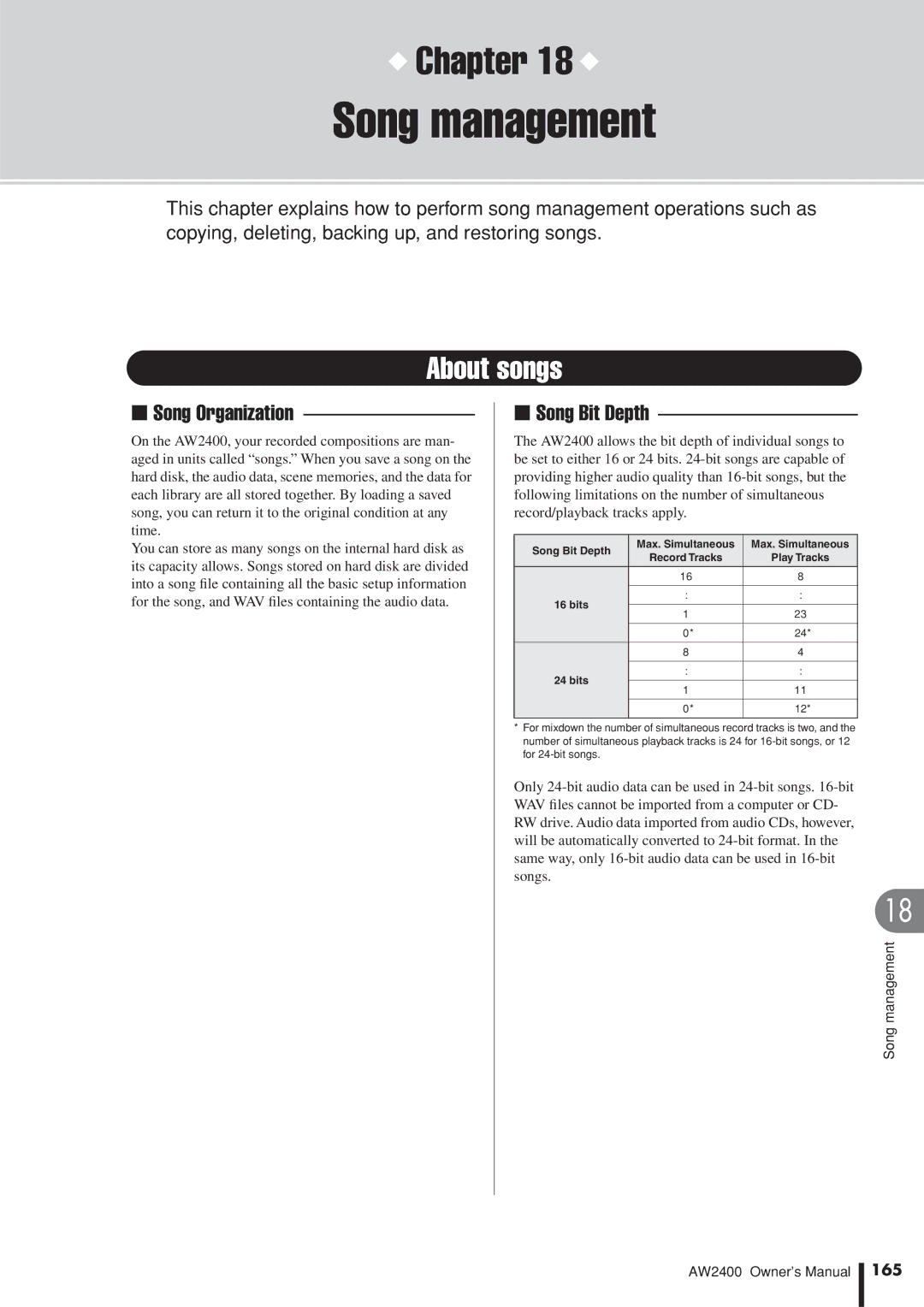 Yamaha AW2400 owner manual Song management, About songs, Song Organization, Song Bit Depth, 165 