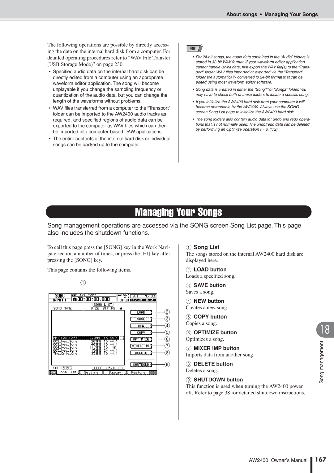 Yamaha AW2400 owner manual Managing Your Songs, 167 