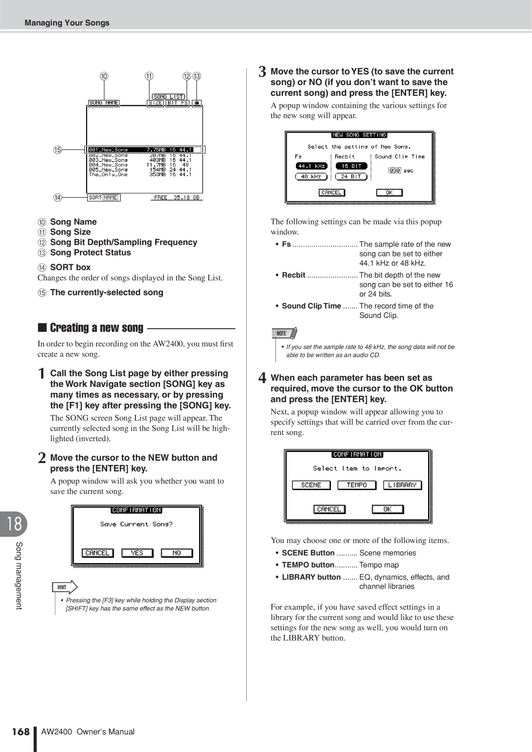 Yamaha AW2400 Creating a new song, Changes the order of songs displayed in the Song List, Currently-selected song, 168 