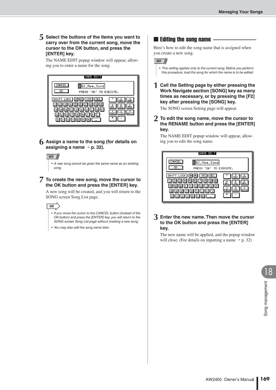 Yamaha AW2400 owner manual Editing the song name, Song screen Setting page will appear, 169 