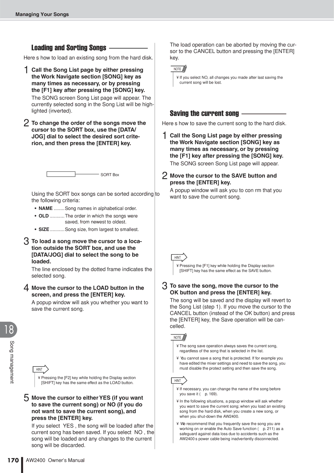 Yamaha AW2400 owner manual Loading and Sorting Songs, Saving the current song, 170 