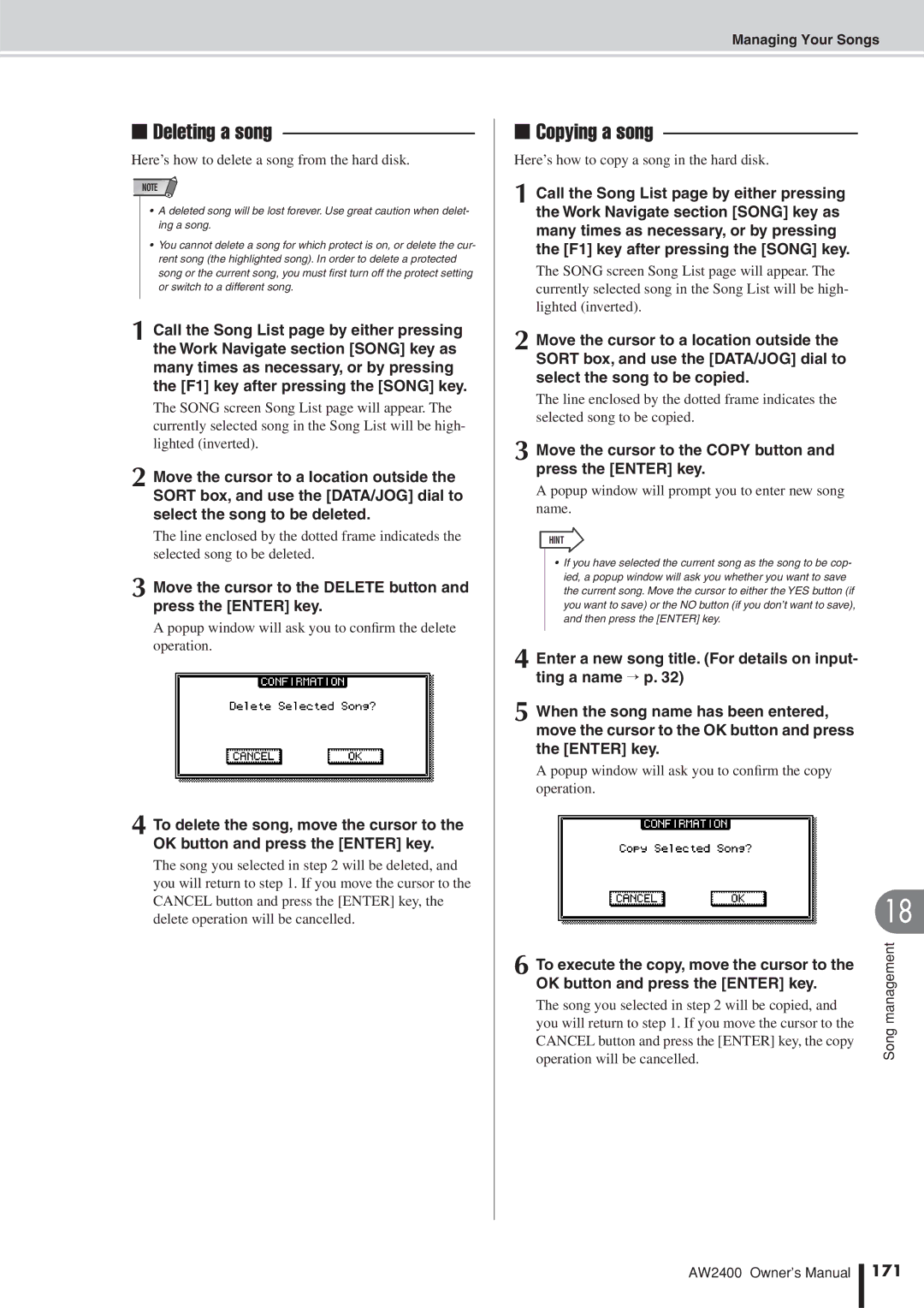 Yamaha AW2400 owner manual Deleting a song, Copying a song, Move the cursor to the Copy button and press the Enter key, 171 